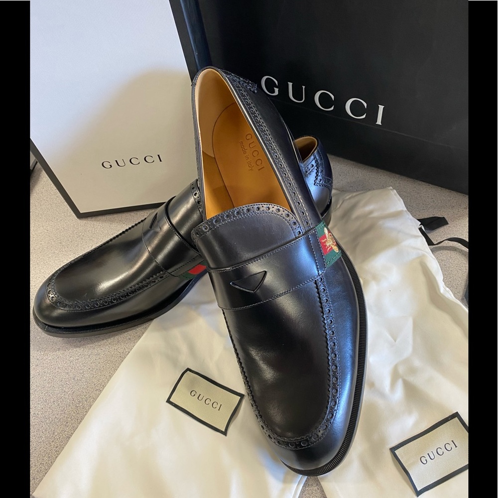 Gucci Mens Calfskin Web Bee Spirit Black Loafers - Picture 2 of 10